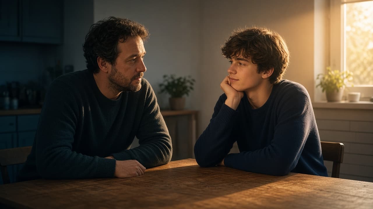 A parent and a teenager sit across from each other at a kitchen table, both calm, neither looking at a phone. Early morning light through a window behind them.
