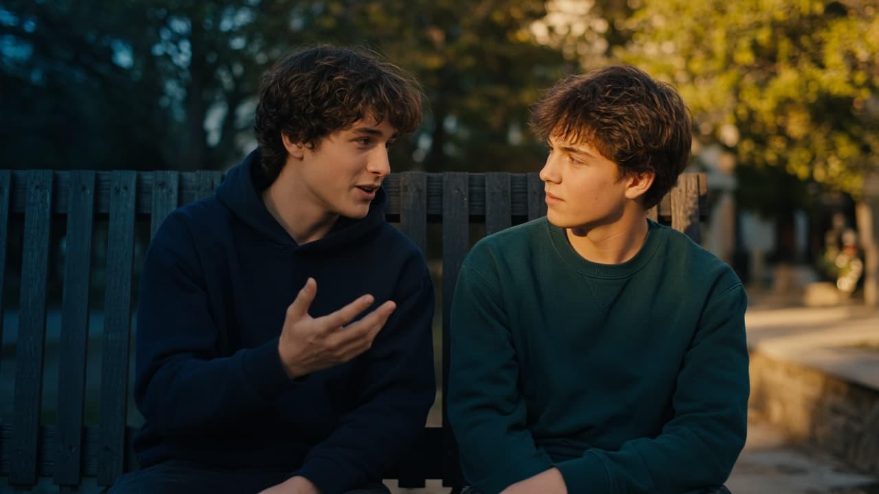 Two teenagers sit on an outdoor bench, one talking and one listening. Late afternoon light. Neither is looking at a phone.