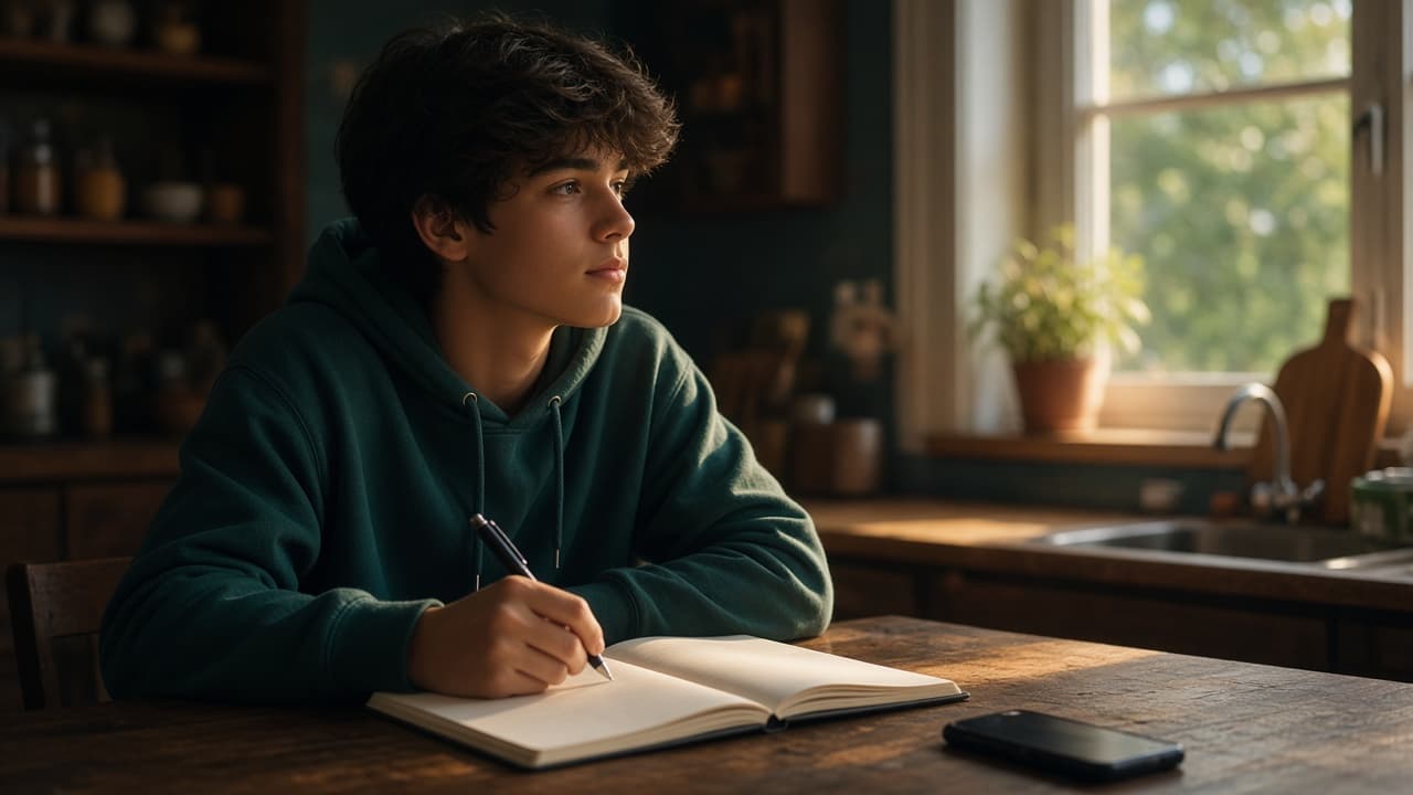 A teenager sits at a kitchen table with a notebook open and pen uncapped, looking out a window. Afternoon light falls across the table. A phone is face-down nearby.
