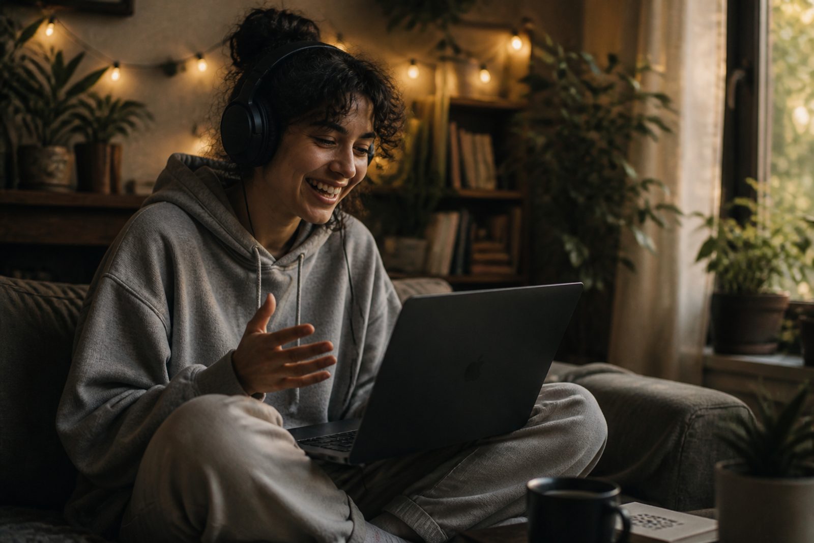 A young adult coach laughing during a video coaching session from their couch