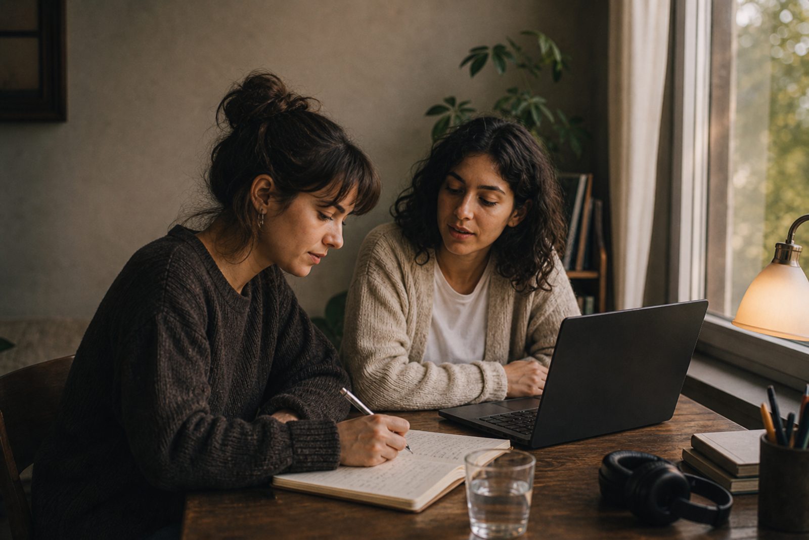 Two young adult women working through TeenSide coach training together at a desk by a window