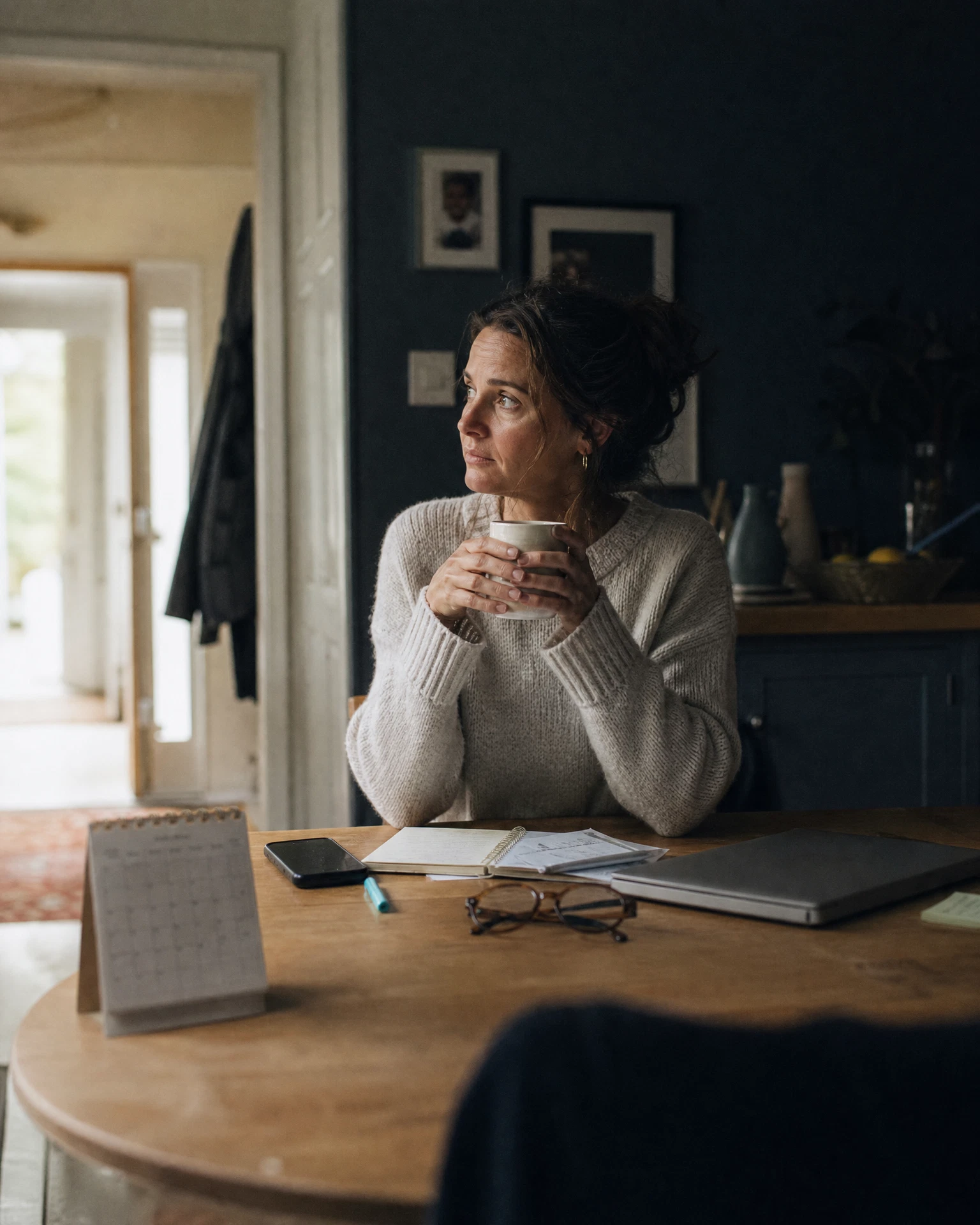 A parent reflecting at a kitchen table in calm morning light