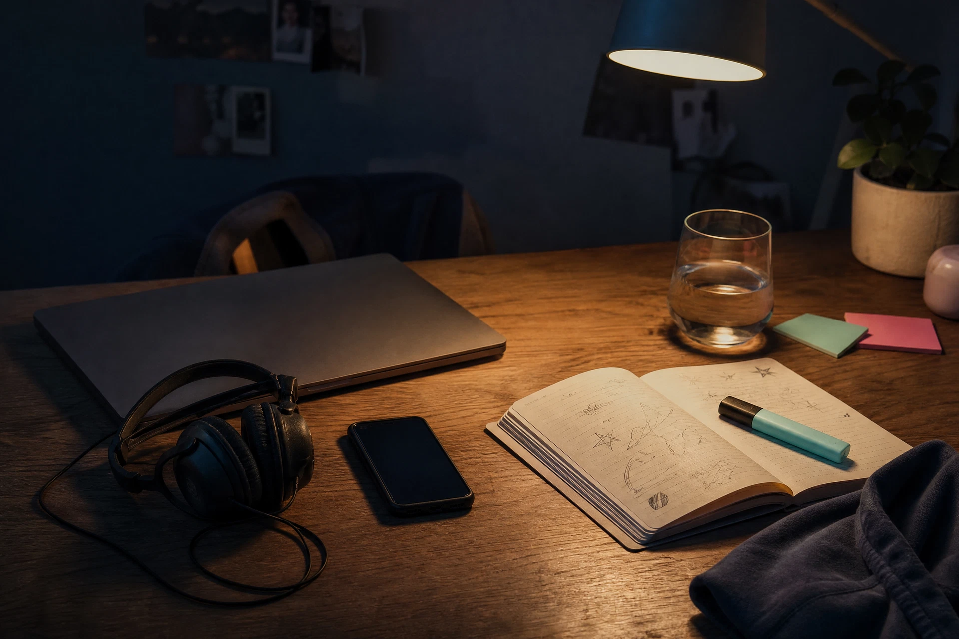 Headphones, a notebook, and a phone on a late-night desk
