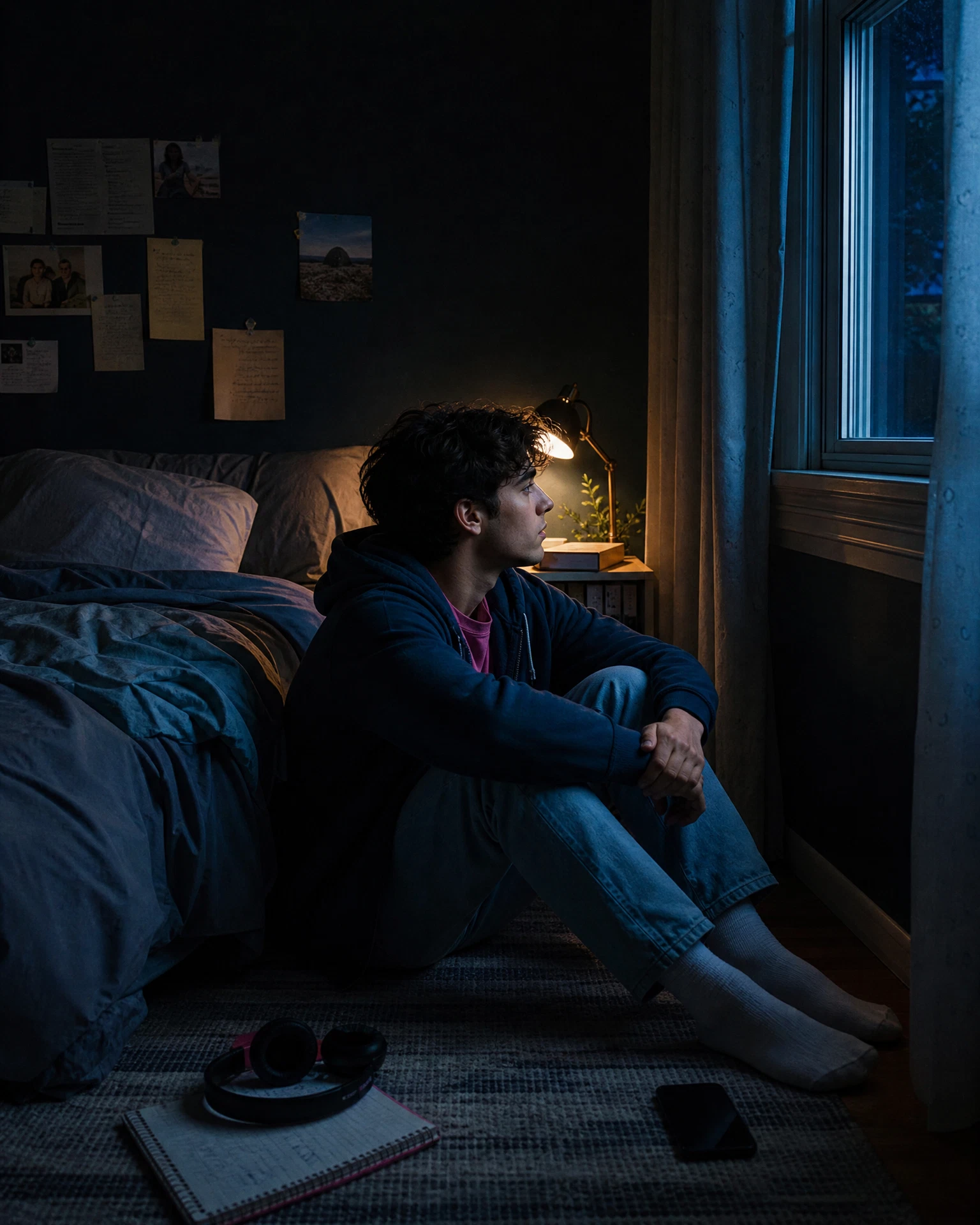 A teen taking a quiet moment in their bedroom at night