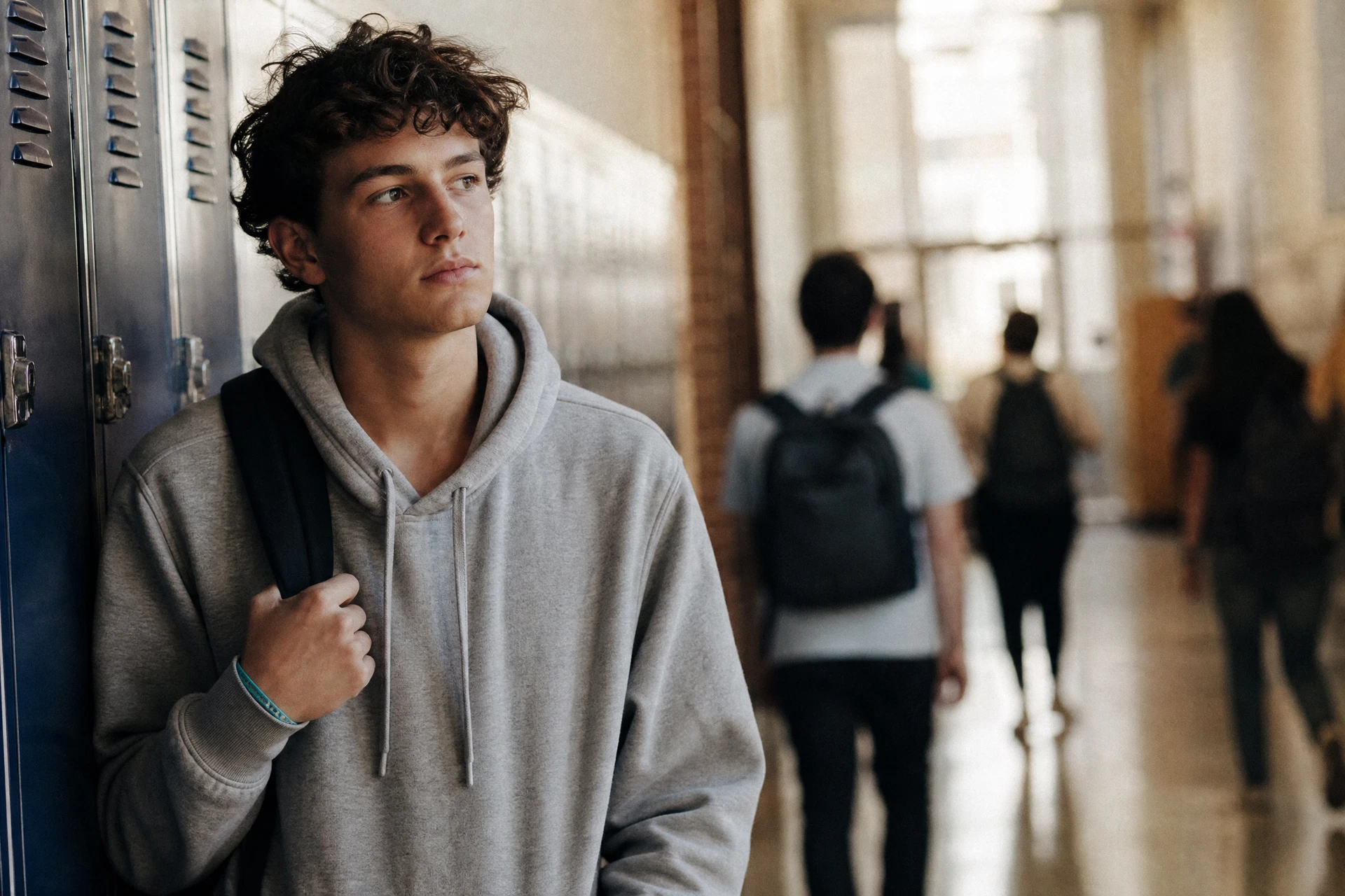 A student pausing in a busy school hallway